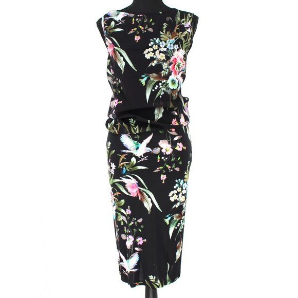 FUZZI Black Floral Sheath Dress Sleeveless Crepe Blouson Knee Length XS NEW JPG - Picture 2 of 8